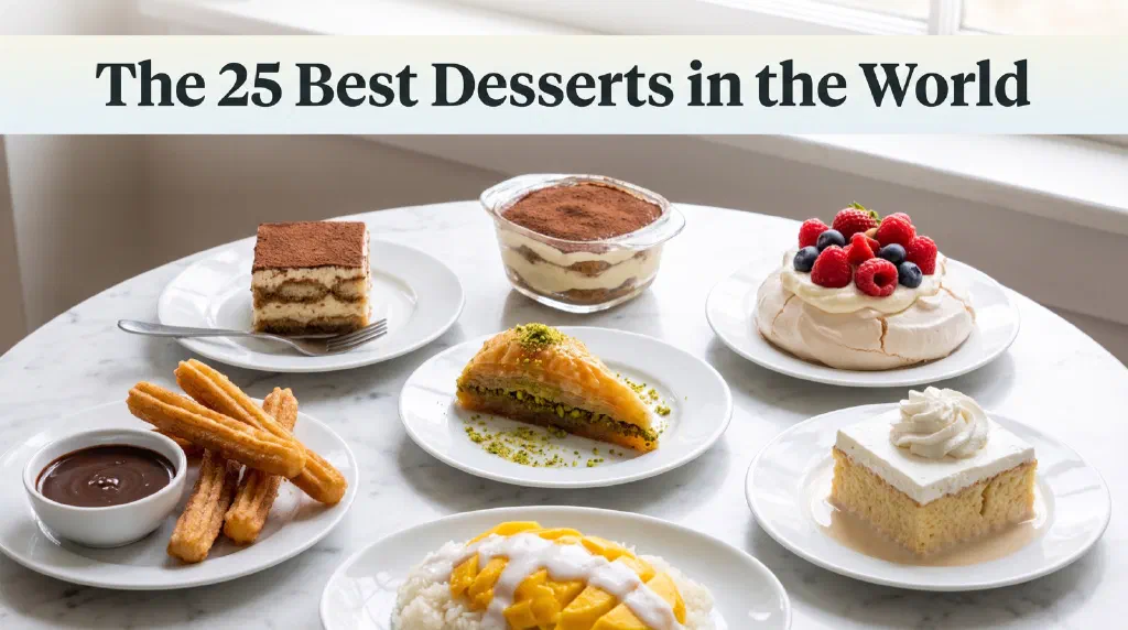 Assortment of famous desserts from around the world on a marble table