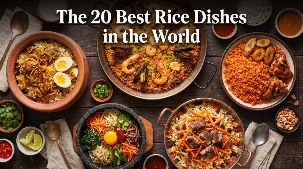 Famous rice dishes from around the world in pans and bowls