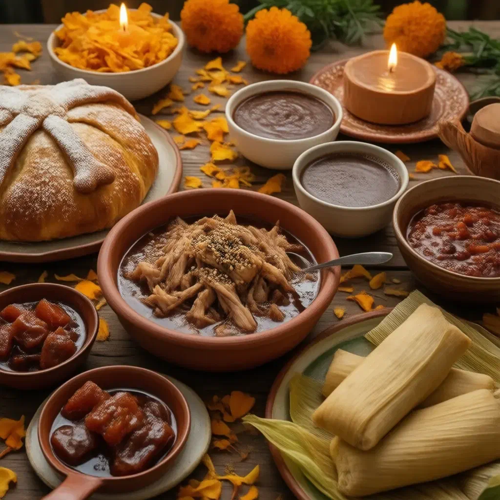 Day of the Dead table with pan de muerto, mole poblano, tamales, candied pumpkin and marigolds