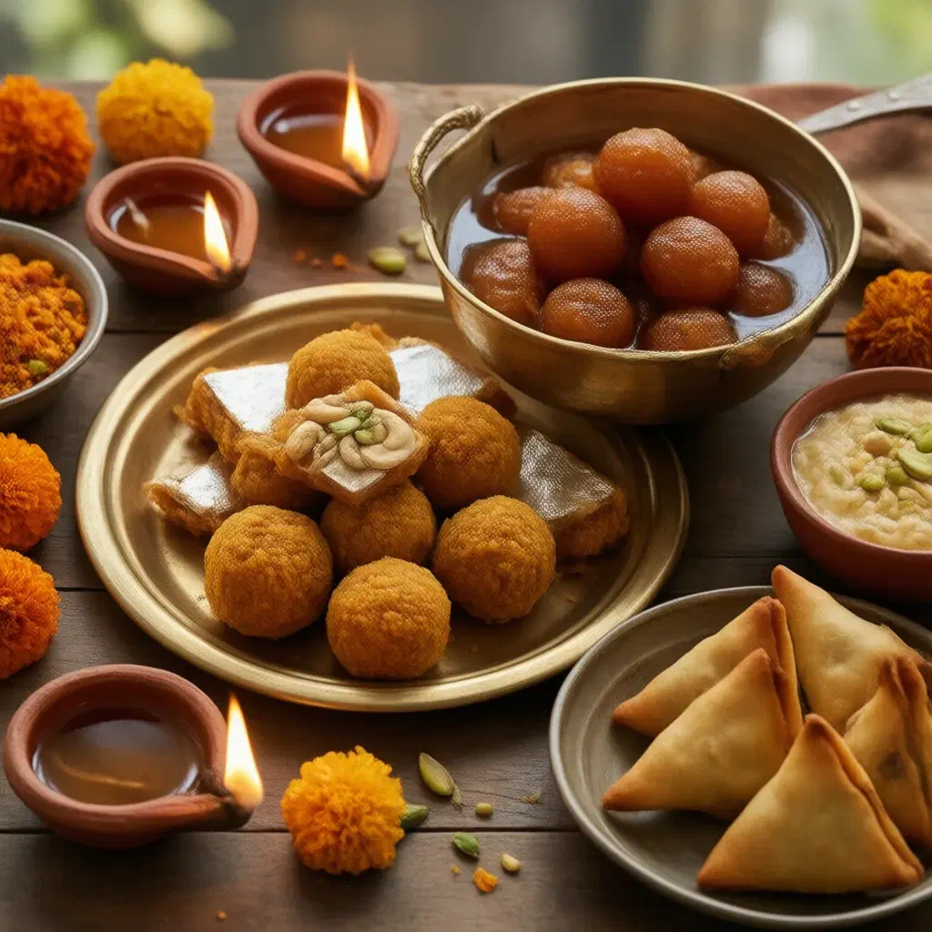 Diwali table with oil lamps, besan ladoo, kaju katli, gulab jamun, samosas and kheer