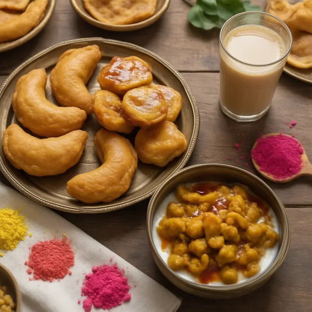 Holi spread with gujiya, malpua, dahi vada, thandai and heaps of coloured powder