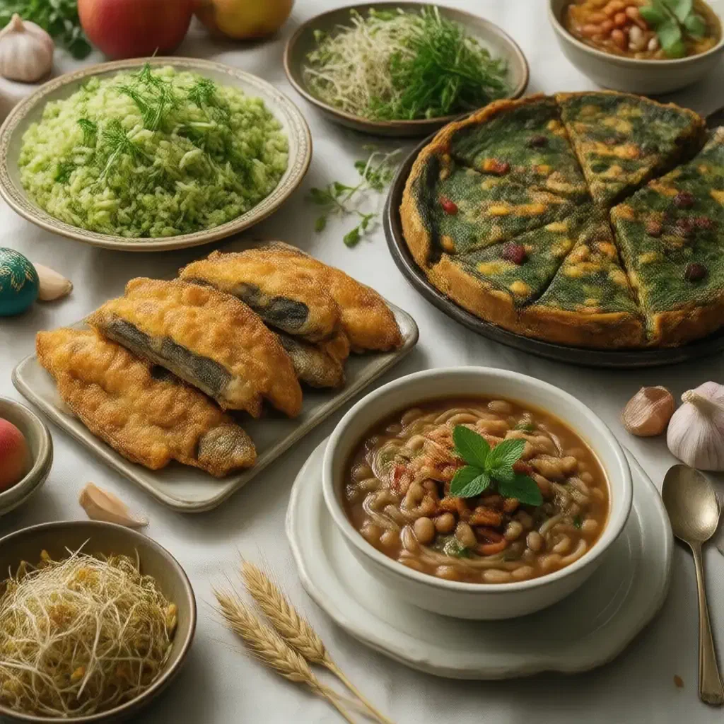 Nowruz table with herb rice, fried fish, herb frittata, noodle soup, wheat sprouts and painted eggs