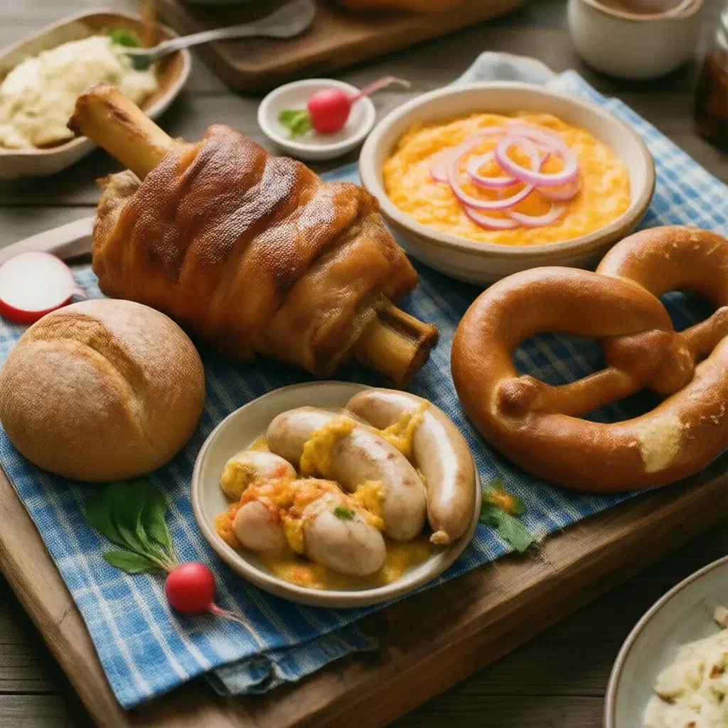 Bavarian table with roast pork knuckle, bread dumpling, soft pretzel, obatzter and white sausages