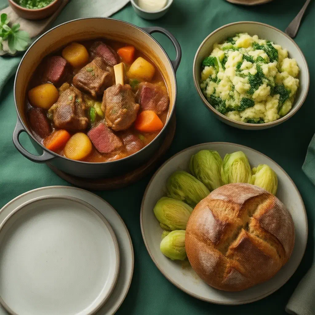 St Patrick’s Day table with Irish stew, corned beef and cabbage, colcannon and soda bread