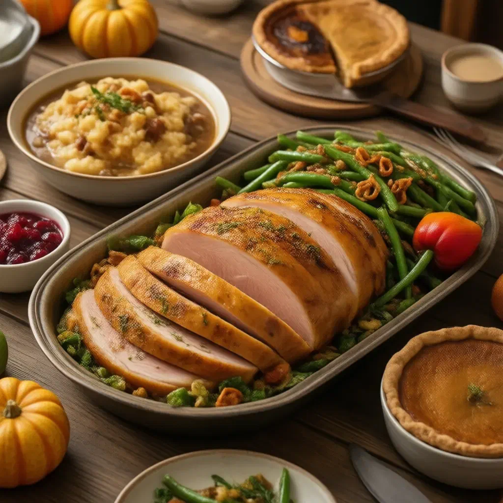 Thanksgiving table with carved roast turkey, mashed potatoes, green bean casserole and pumpkin pie