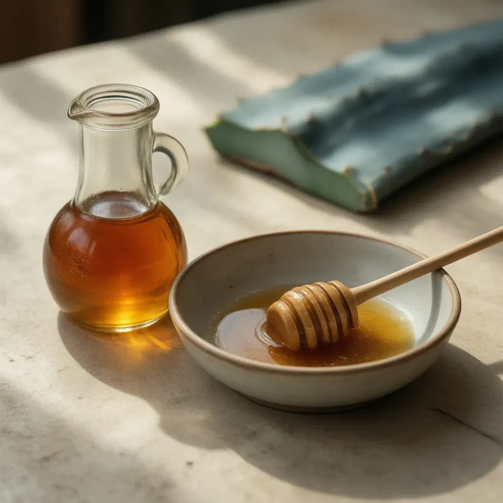 Glass jug of golden agave syrup beside a dish of syrup, a honey dipper and a piece of agave leaf