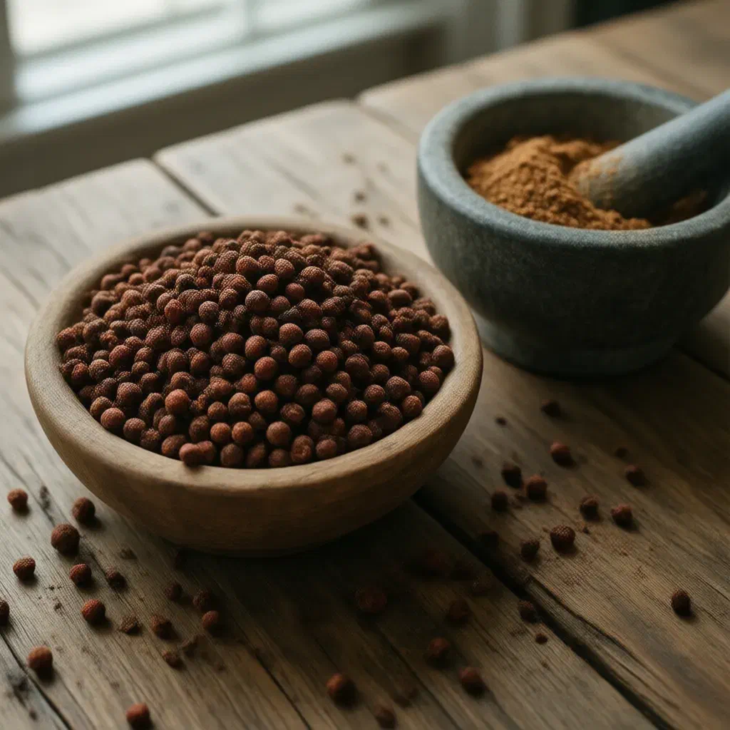 Wooden bowl of whole dried allspice berries beside a stone mortar with freshly ground allspice