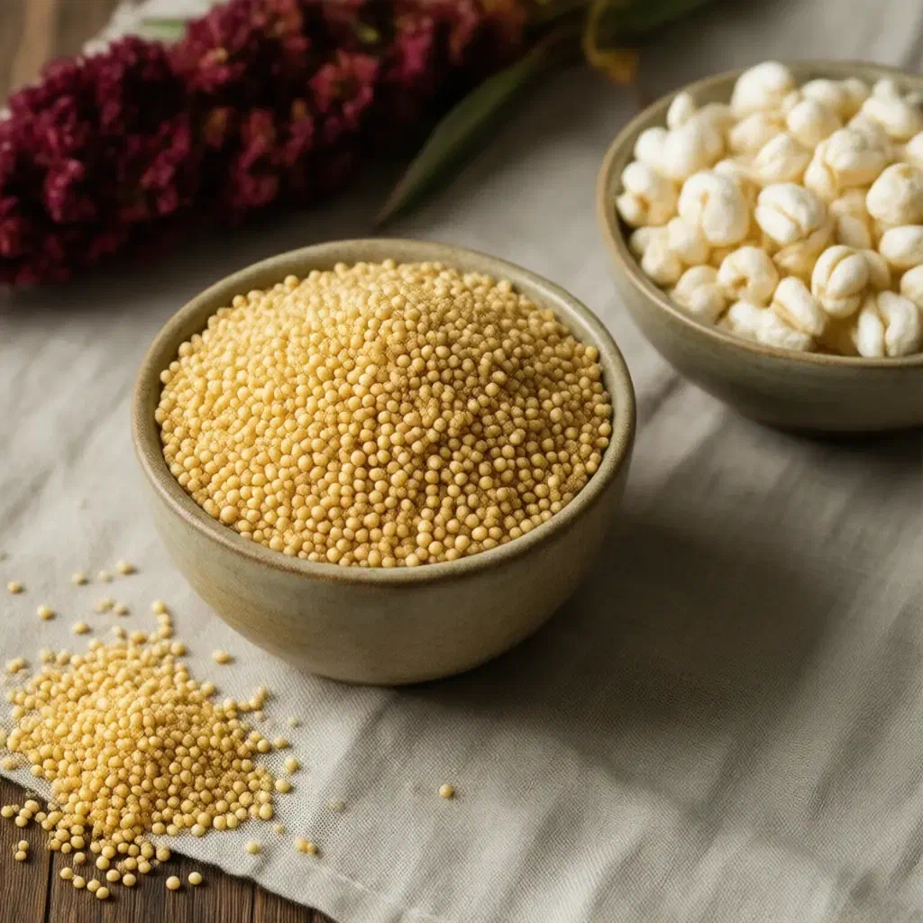 Bowls of raw and popped amaranth grains on linen with a dried red amaranth flower plume