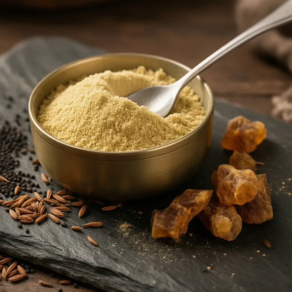 Brass bowl of yellow asafoetida powder with lumps of resin, cumin and mustard seeds on dark stone