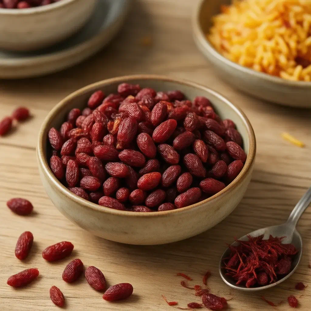 Bowl of small dried ruby-red barberries on a wooden table beside a plate of saffron rice