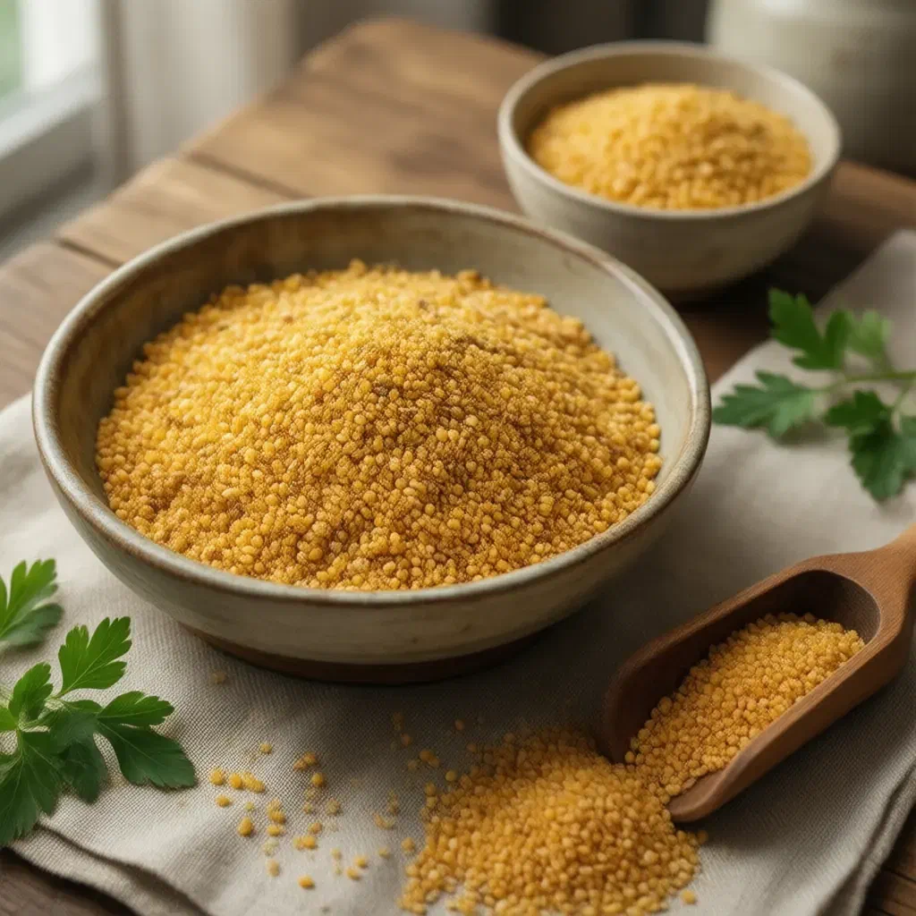 Bowls of coarse and fine golden bulgur with a wooden scoop and parsley on linen