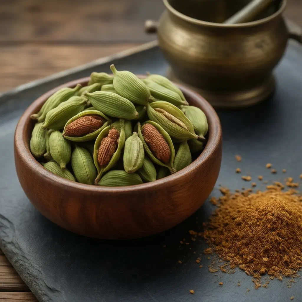 Wooden bowl of green cardamom pods, some split to show seeds, with ground cardamom and a mortar