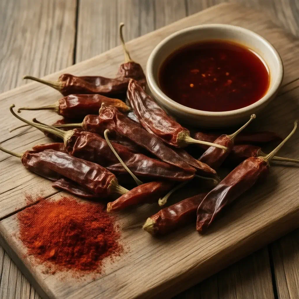 Dried chipotle chillies on a wooden board with a bowl of chipotles in adobo and chilli powder