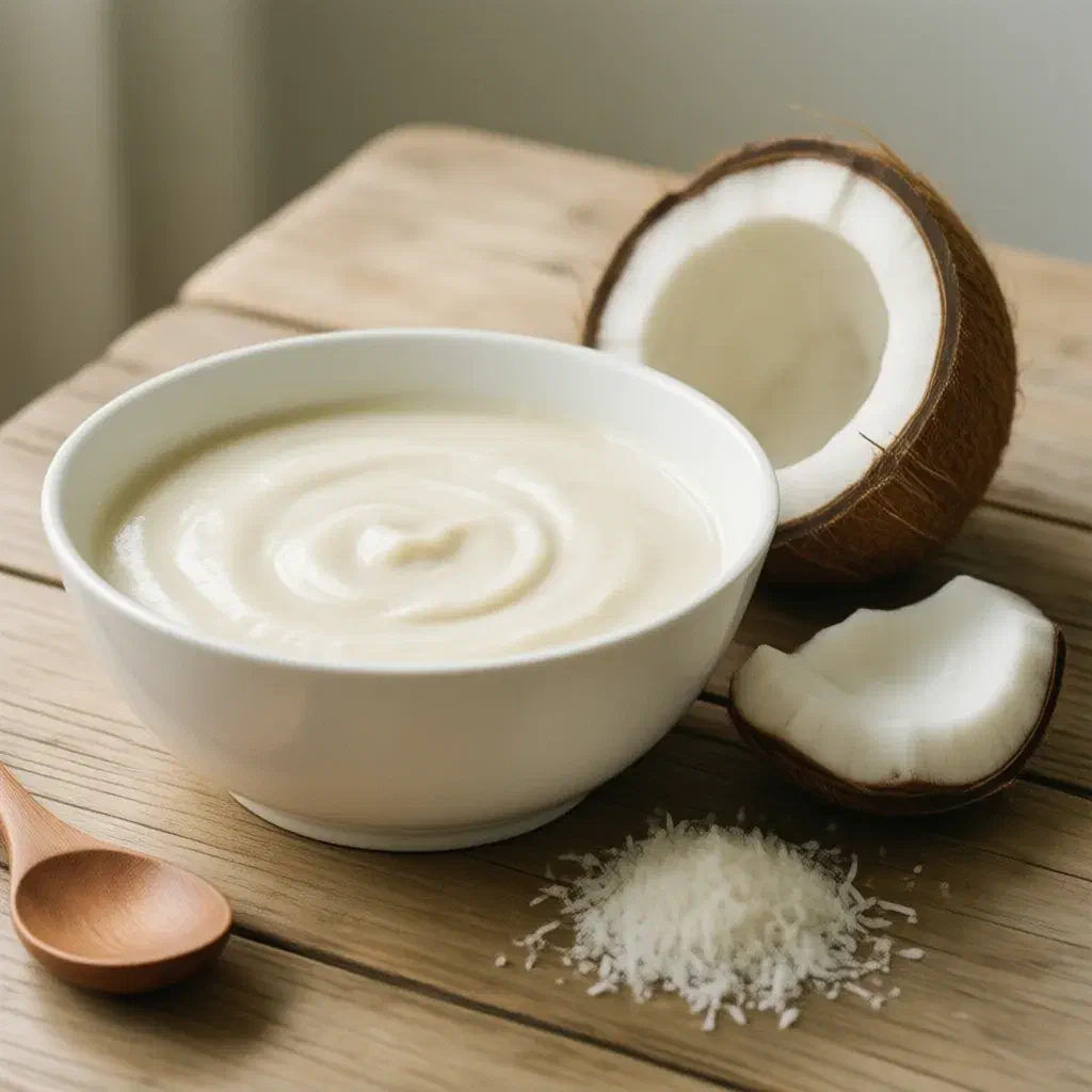 White bowl of creamy coconut milk beside a halved fresh coconut and grated coconut