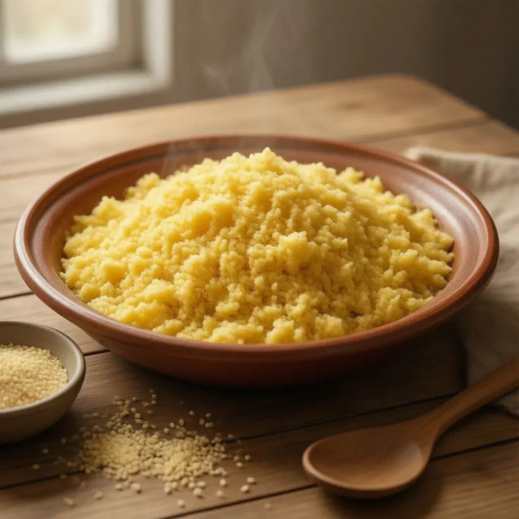 Earthenware dish of fluffy steamed couscous with a small bowl of dry couscous and a wooden spoon