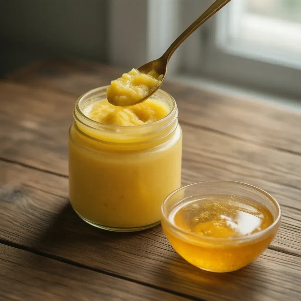 A jar of grainy golden ghee with a brass spoon and a small bowl of melted ghee