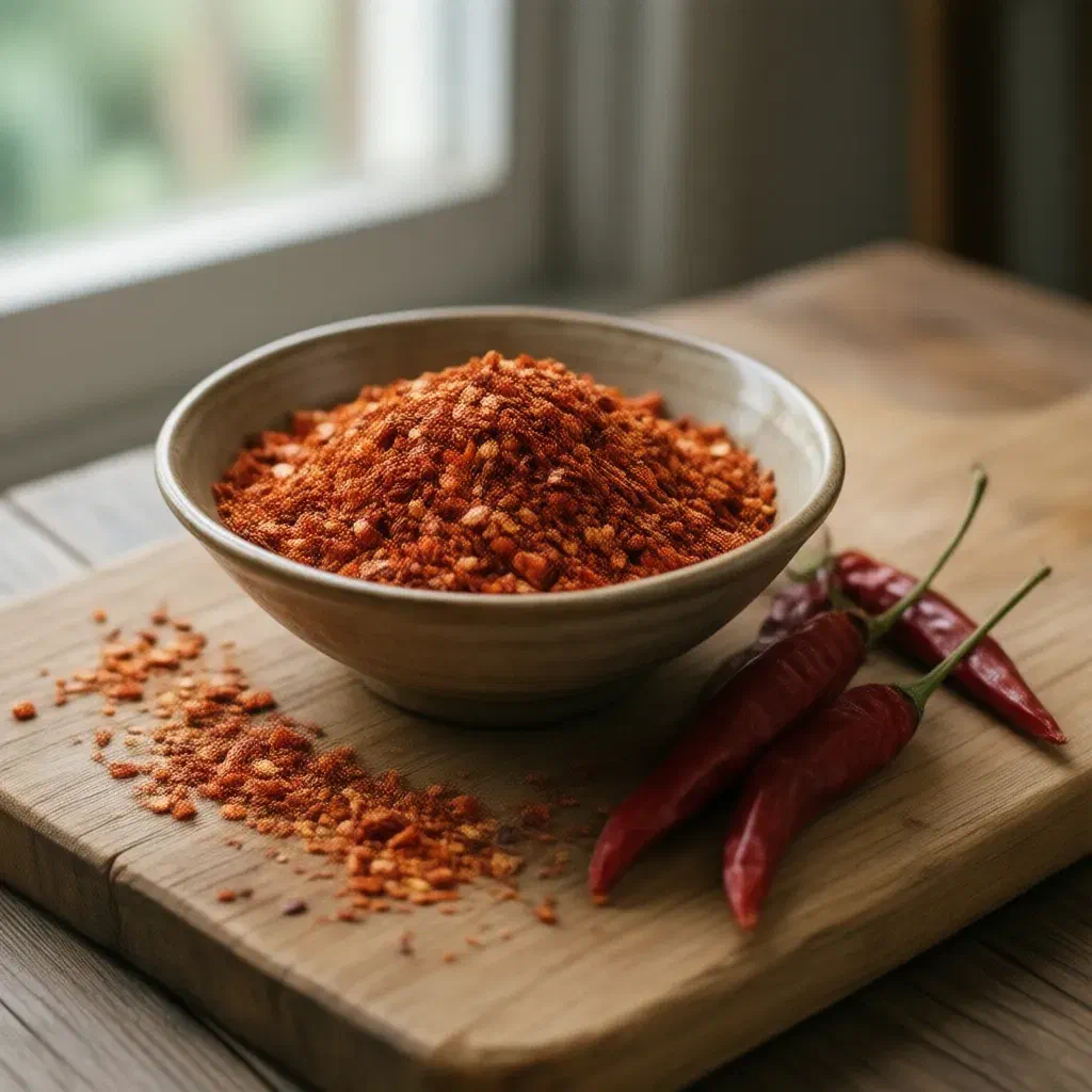 A ceramic bowl of coarse red Korean chilli flakes beside three whole dried red chillies