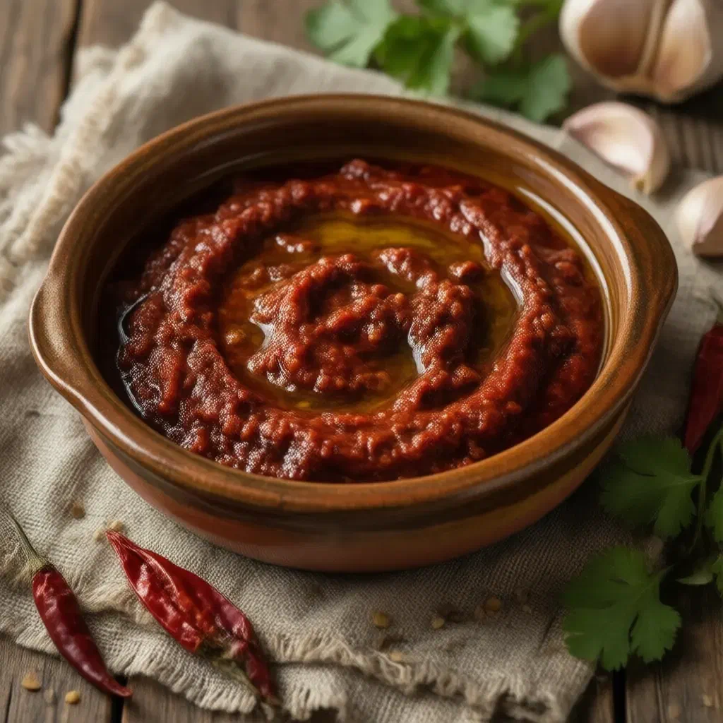 Terracotta bowl of brick-red harissa with olive oil, dried chillies, garlic and coriander seeds