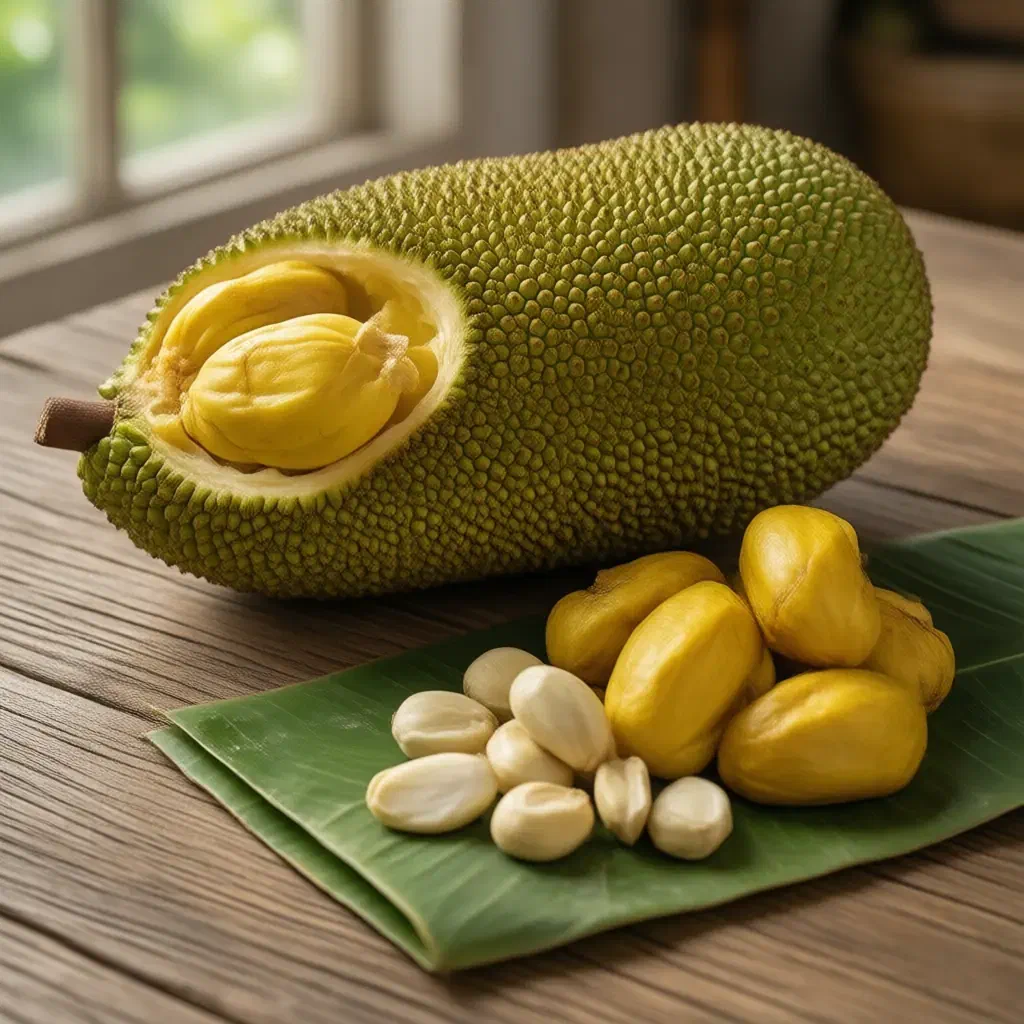 Half a green jackfruit showing yellow pods, with ripe pods and seeds on a banana leaf
