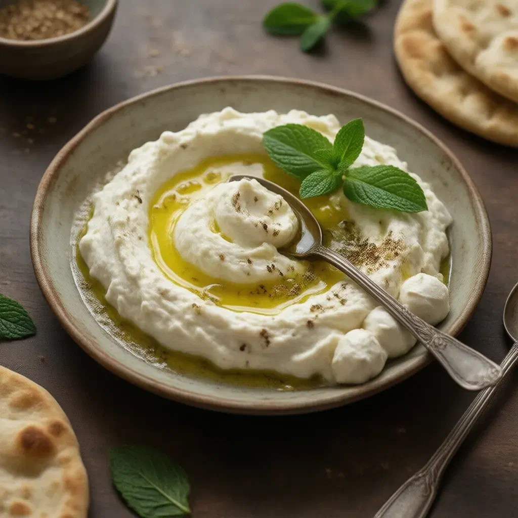 Plate of labneh with olive oil, za’atar and mint, labneh balls in oil and flatbread