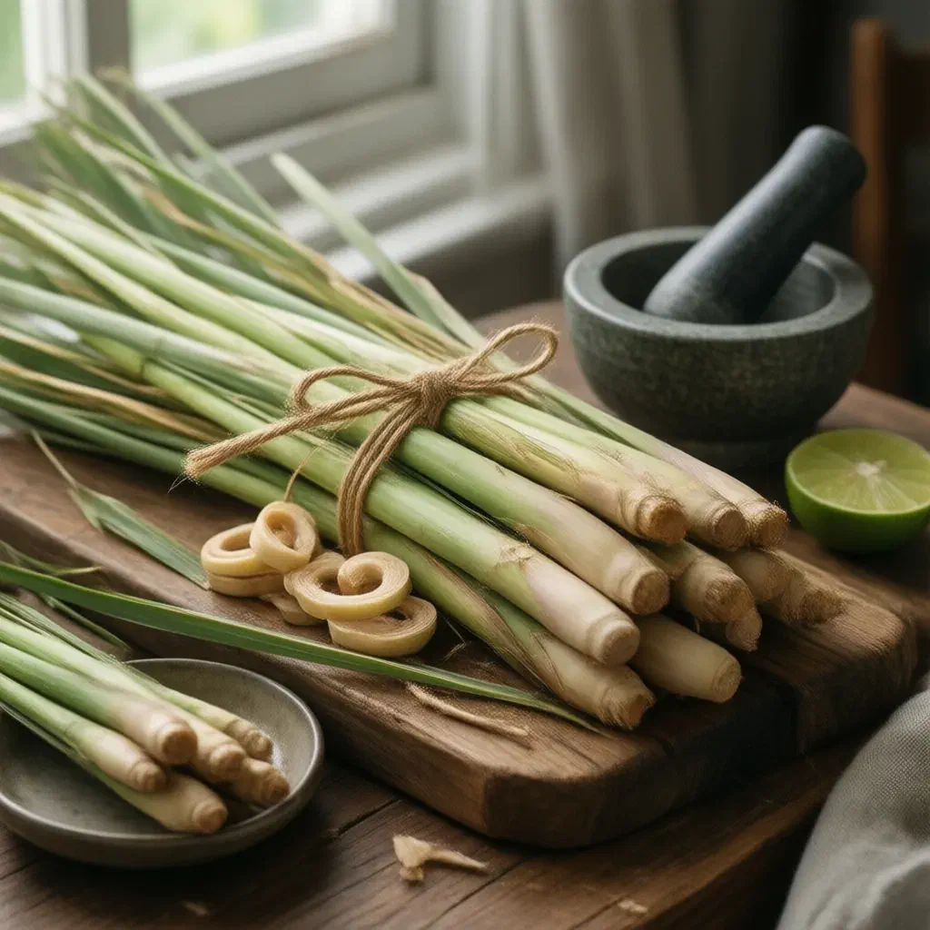 Bundle of fresh lemongrass stalks tied with twine, sliced rings beside a stone mortar and a halved lime