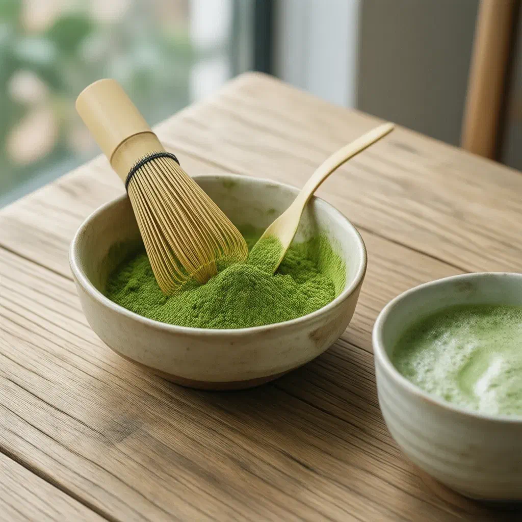 Ceramic bowl of bright green matcha powder with bamboo whisk, scoop and a bowl of frothy tea