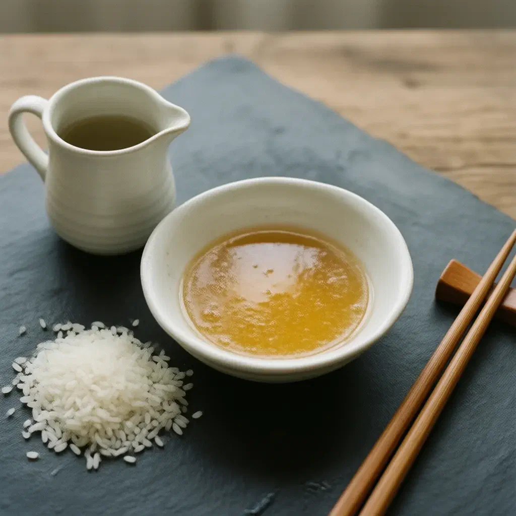 Golden mirin in a white ceramic pitcher and shallow dish, with short-grain rice and chopsticks on slate