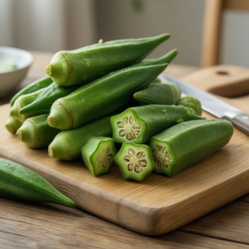 Fresh green okra pods on a wooden board, some sliced to show the star-shaped cross section