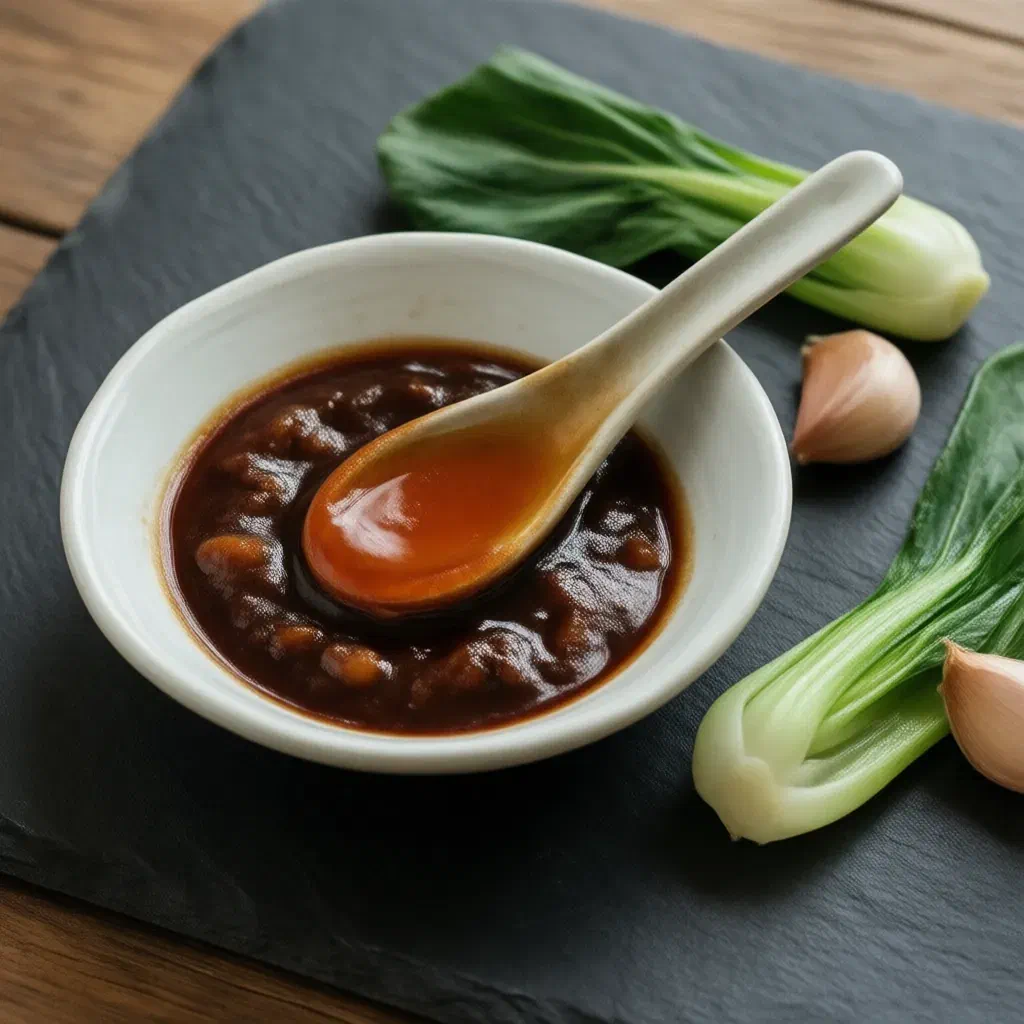 White dish of glossy dark oyster sauce with a spoon, baby pak choi and garlic on slate