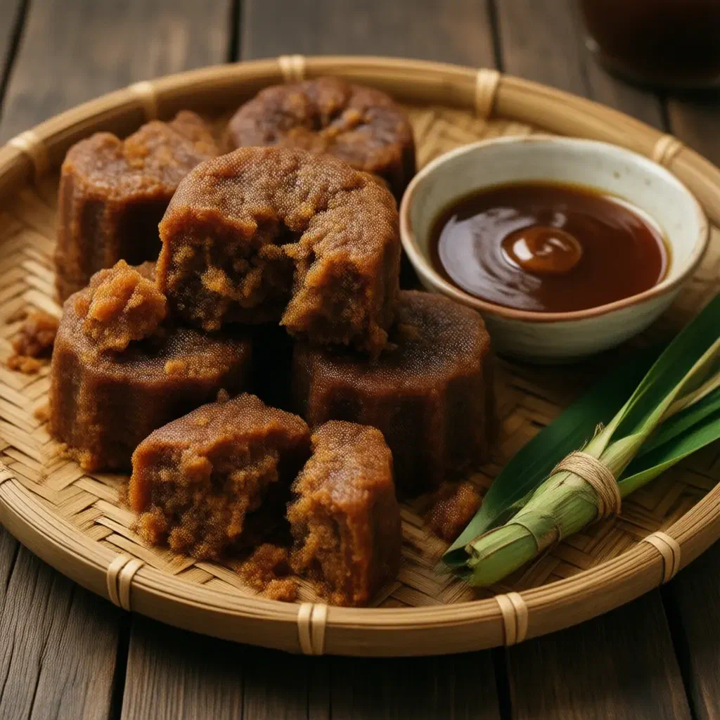 Cakes of golden-brown palm sugar on a bamboo plate, with palm sugar syrup and a knotted pandan leaf