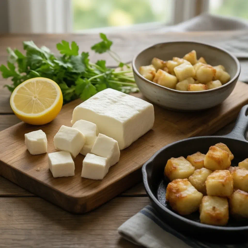 Block of white paneer with cubes, some pan-fried golden in a cast iron pan, lemon and coriander