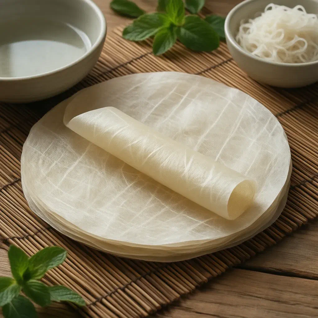 Stack of round translucent rice paper sheets on a bamboo mat, one soaking in water, with mint and noodles