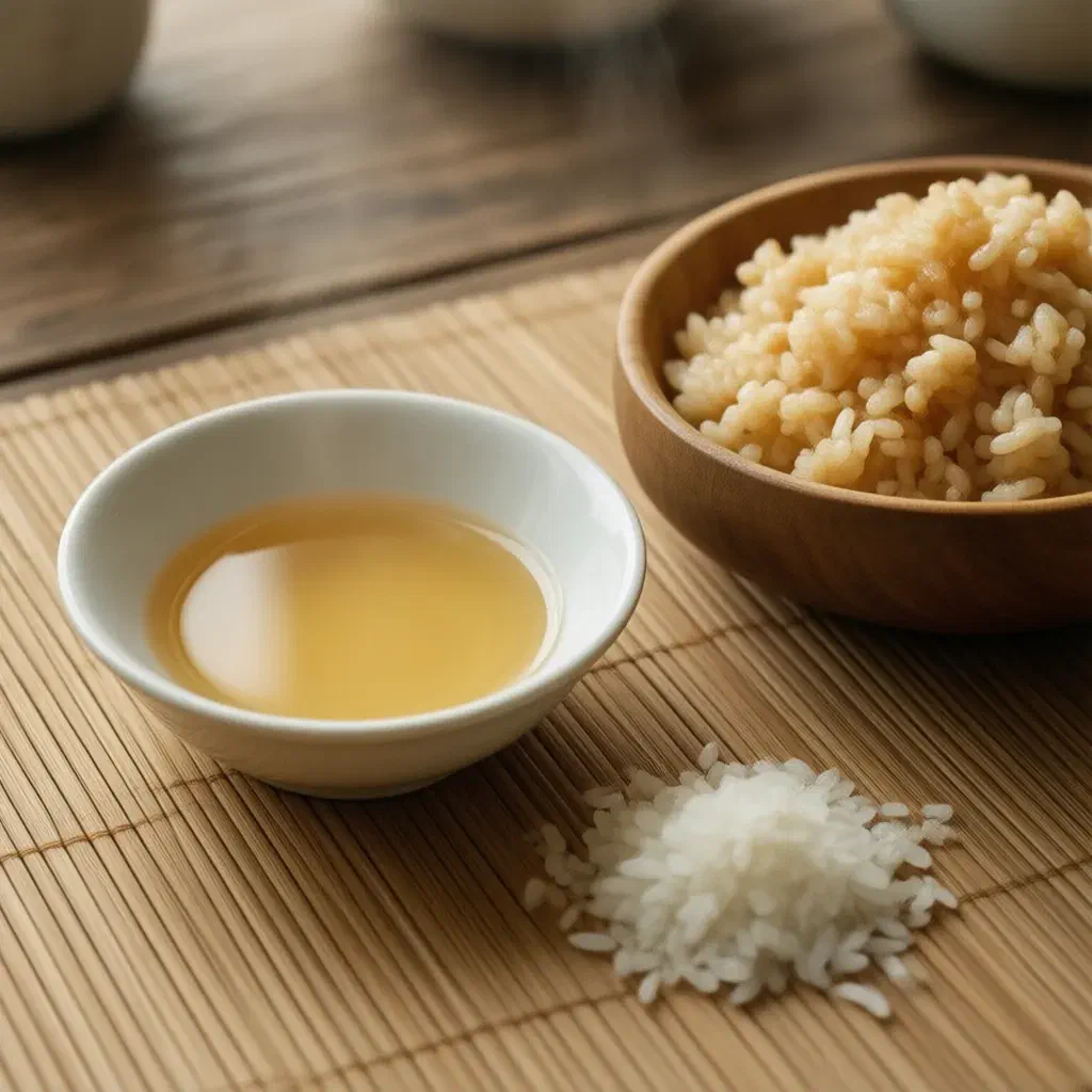 Dish of pale golden rice vinegar beside a bowl of cooked short-grain rice and raw rice on a bamboo mat