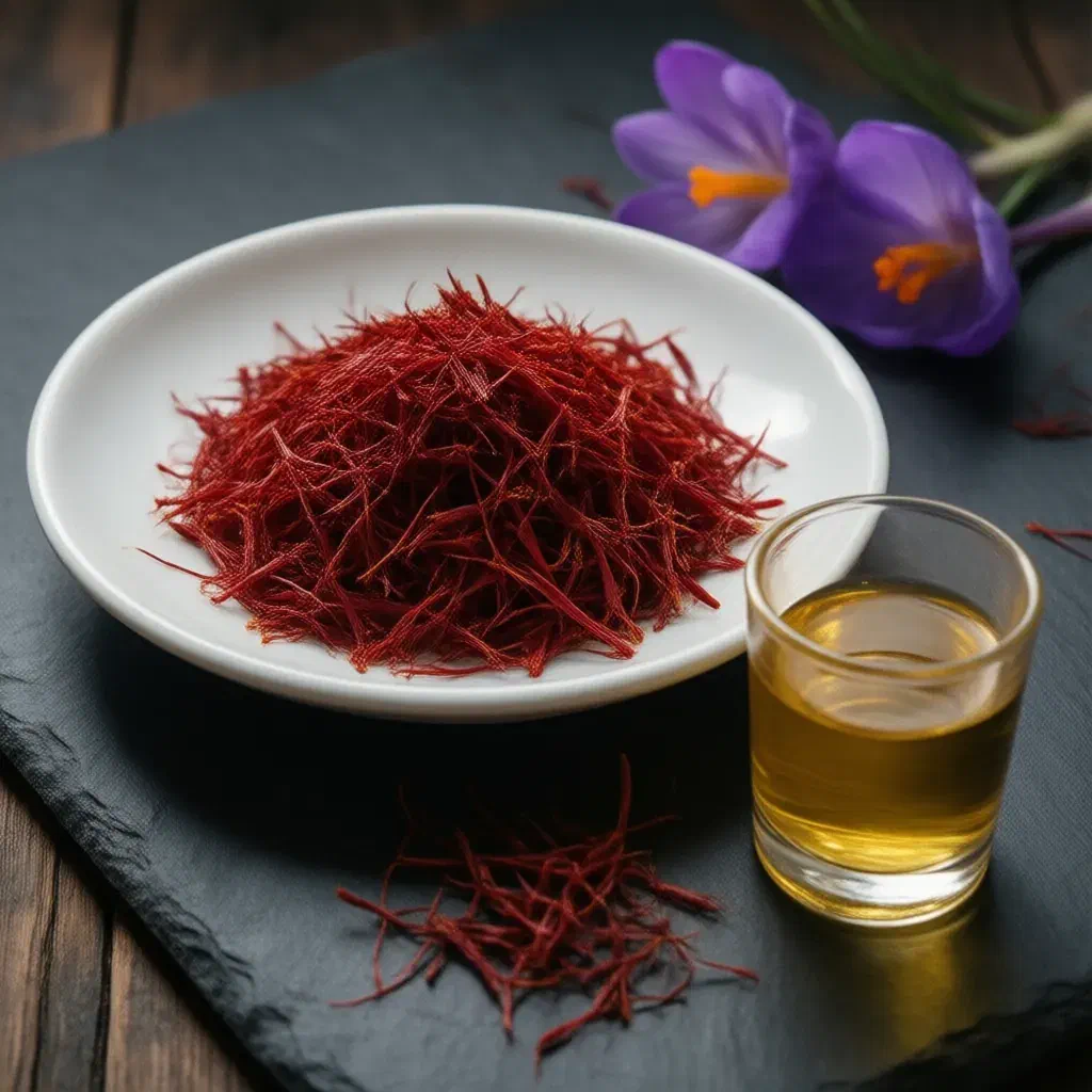 Deep red saffron threads on a white dish beside a glass of golden saffron water and crocus flowers