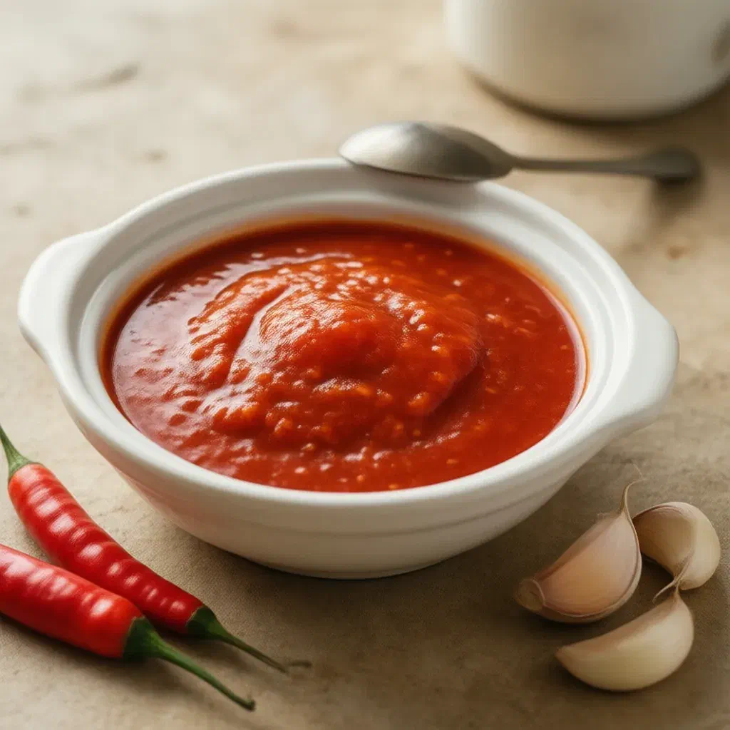 Bright red sriracha sauce in a white dish with fresh red chillies and garlic cloves