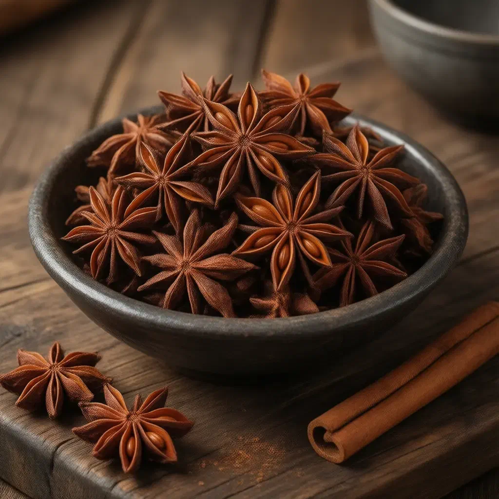 Whole reddish-brown star anise pods in a dark stoneware dish with a cinnamon stick on wood