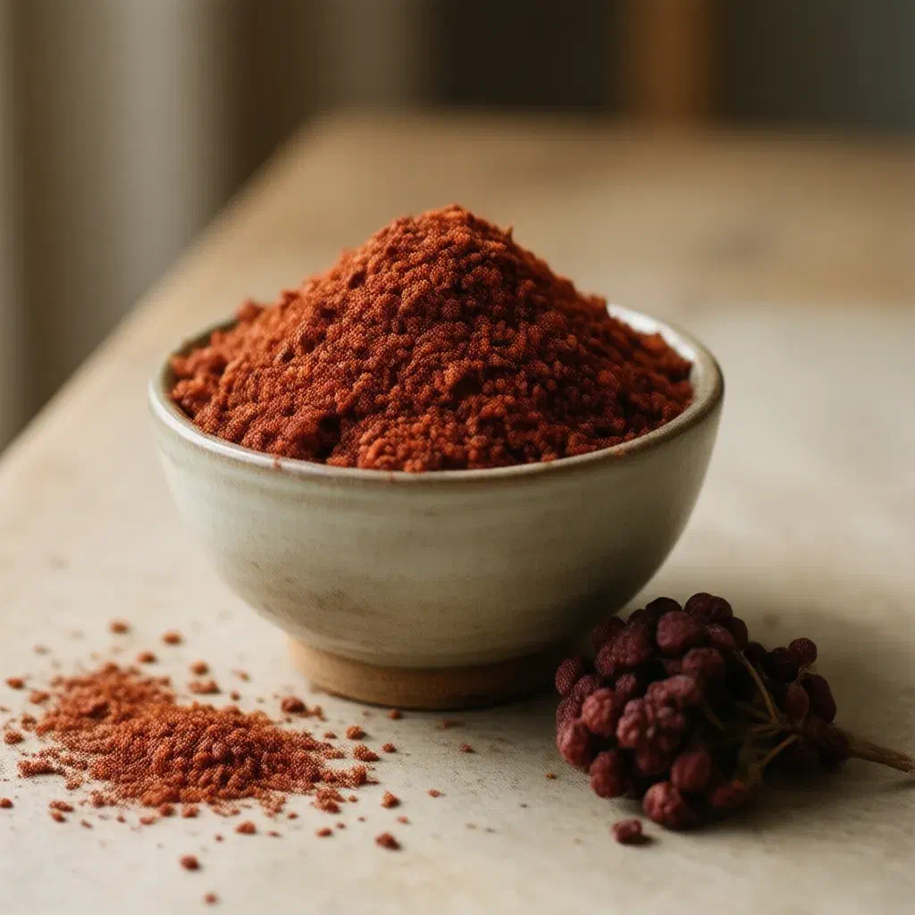 Bowl of coarse crimson sumac on a stone surface with dried sumac berries beside it