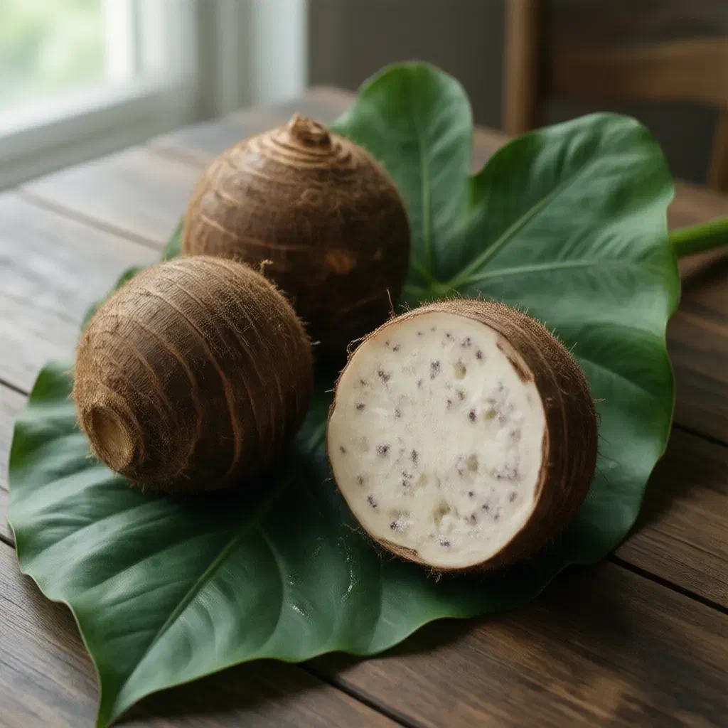 Whole hairy brown taro roots, one halved to show creamy flesh, on a large green taro leaf
