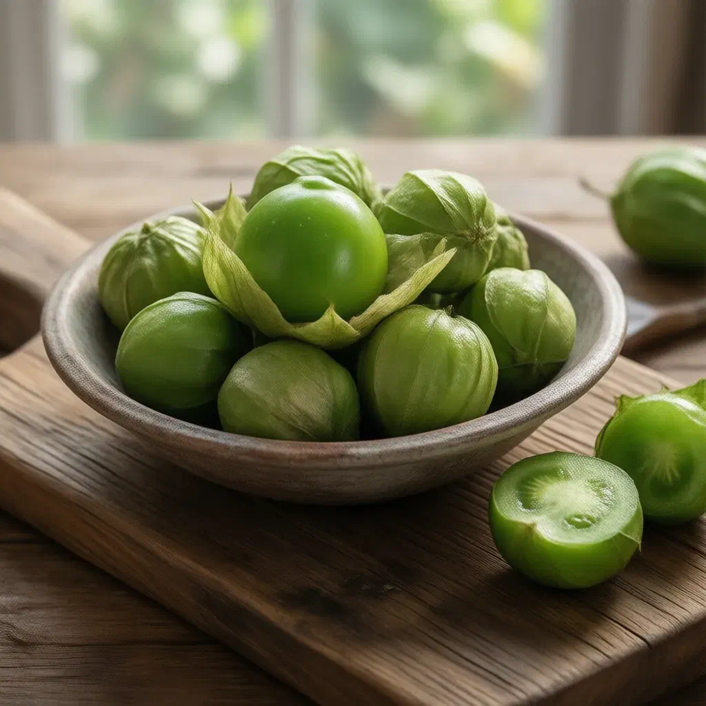 Clay bowl of fresh green tomatillos, some in papery husks, one cut in half on a wooden board