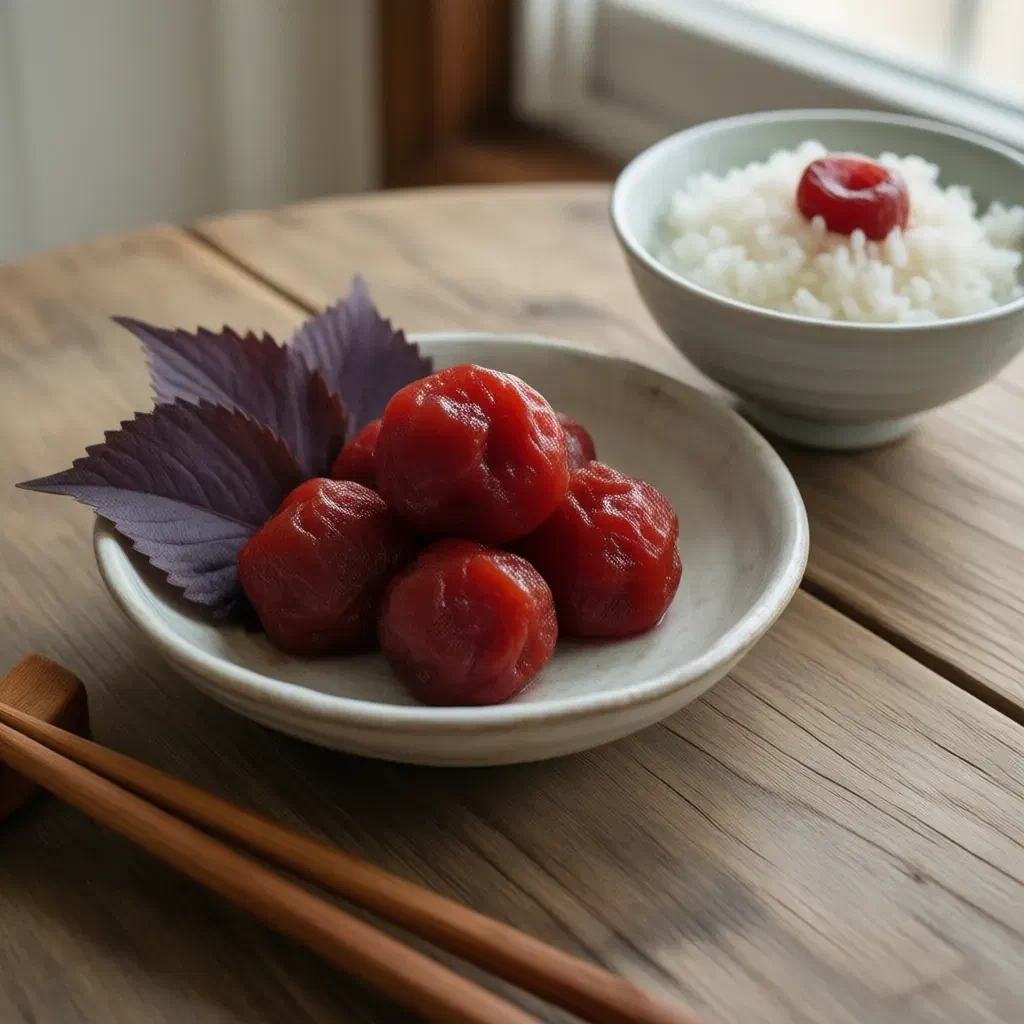 Wrinkled red umeboshi with purple shiso leaves, and a bowl of white rice topped with one umeboshi