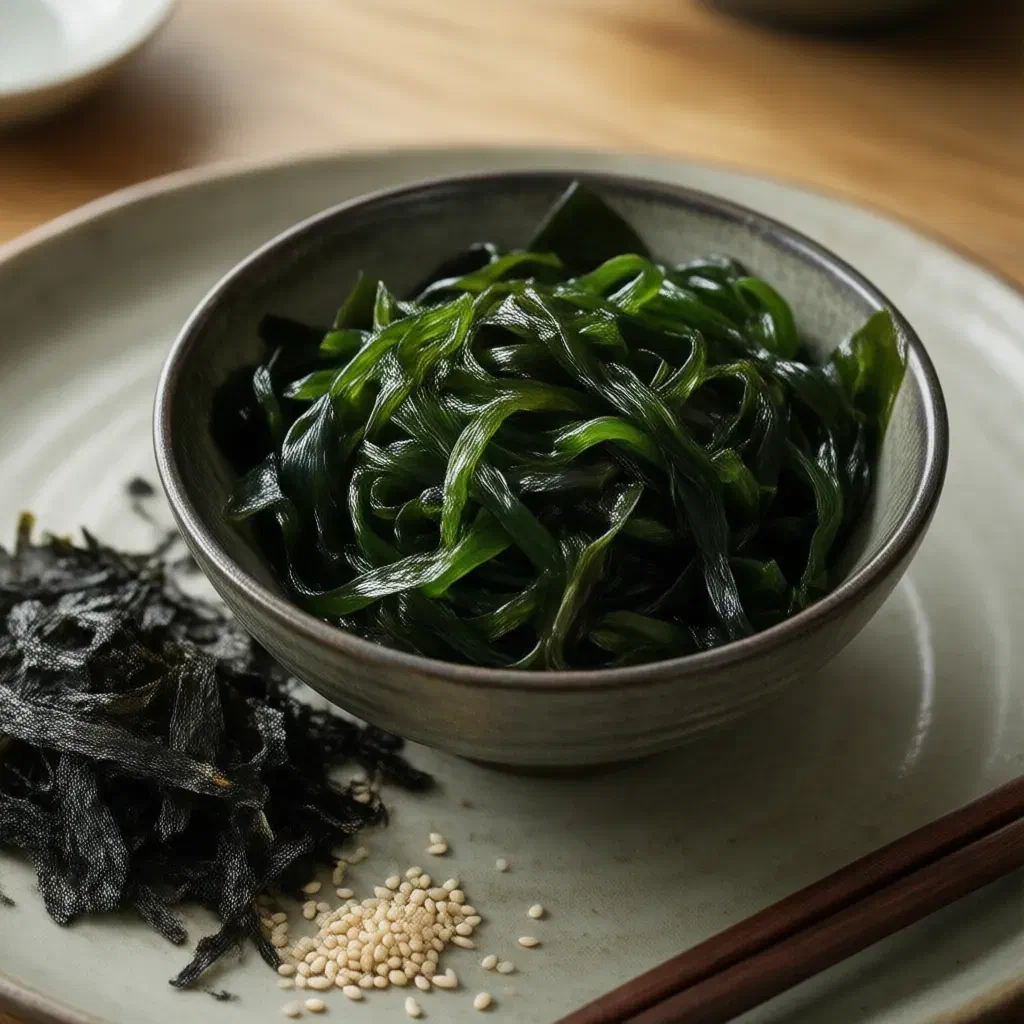 Bowl of soaked glossy green wakame beside a small heap of dried, almost black wakame pieces