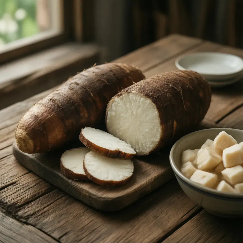 Two large yam tubers with rough brown skin, one cut open to show white flesh, and boiled yam chunks