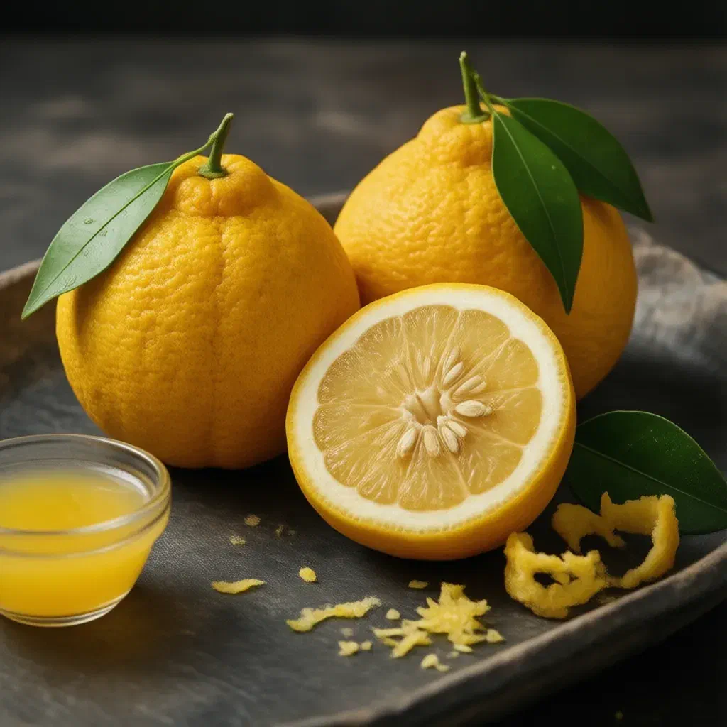 Three bumpy yellow yuzu on dark stone, one halved, with a small bowl of juice and grated zest