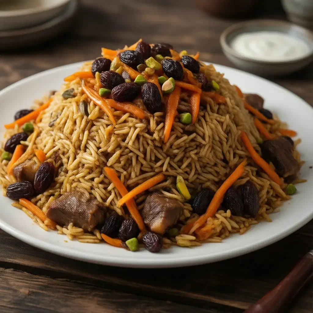 Mound of light brown rice topped with glazed carrot strips, raisins and pistachios over lamb