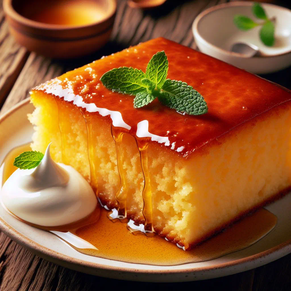 Slices of Albanian revani semolina cake dusted with sugar