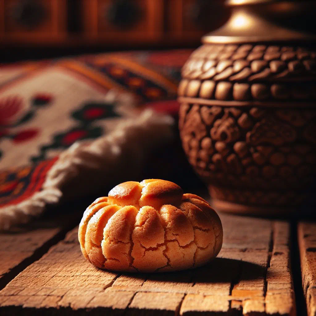 Golden Ballokume Korçare corn flour cookies dusted with sugar on a plate