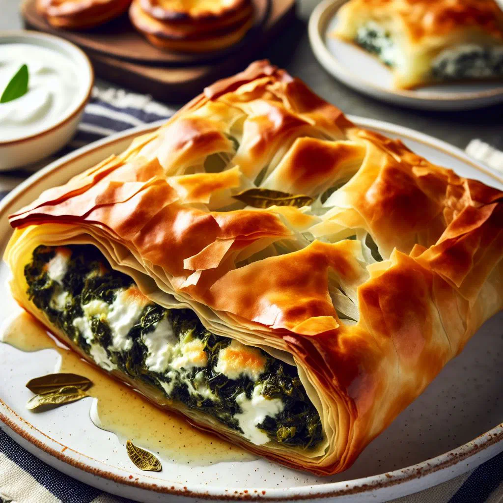 Golden baked spinach byrek with a crisp, flaky crust and sesame topping
