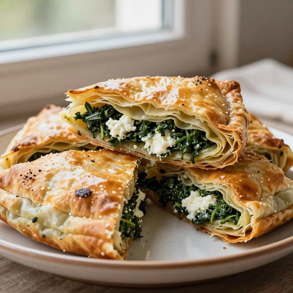Golden baked byrek pastry cut into pieces with a spinach and feta filling