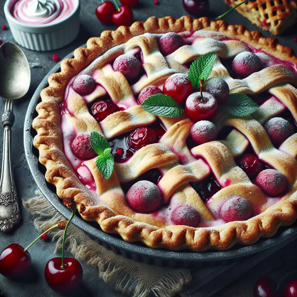 Warm Albanian cherry compote served in a bowl with fresh cherries