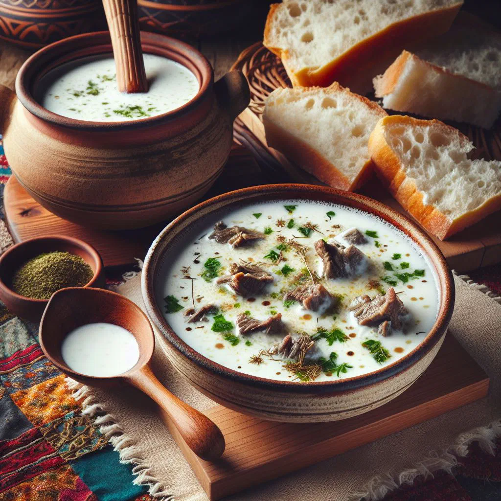 A bowl of creamy Albanian çorbë kosi yoghurt soup garnished with fresh herbs